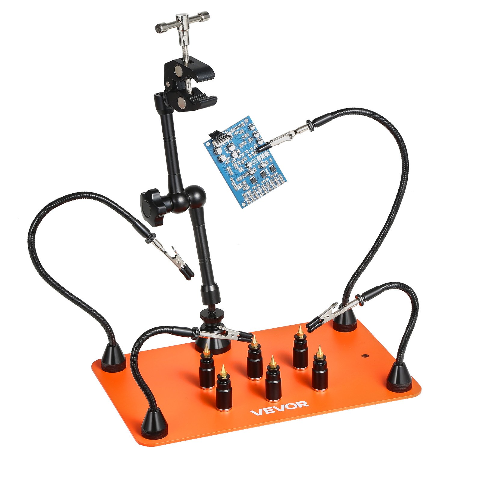 VEVOR Soldering Aid Third Hand, magnetyczna stacja lutownicza, 4 elastyczne ramiona, z 6 uchwytami na kolumny PCB i uchwytem na pistolet na gorące powietrze 360 ​​stopni, pomocna dłoń do napraw elektronicznych, 279 x 178 x 3 mm