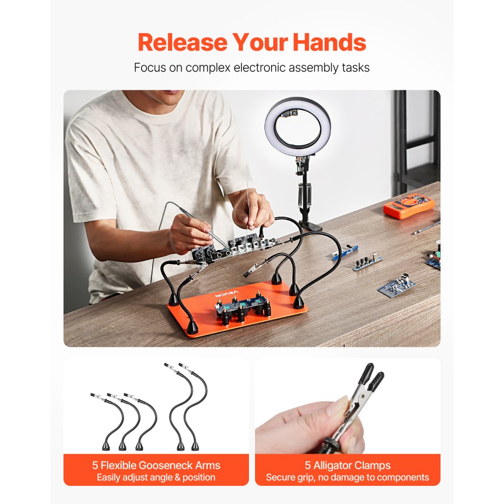 VEVOR Soldering Aid Third Hand, magnetyczna stacja lutownicza, narzędzie lutownicze 2 w 1 z 3-krotną lampą powiększającą LED i 5 elastycznymi ramionami, 6 uchwytami na płytki drukowane, stacja bazowa do napraw elektronicznych