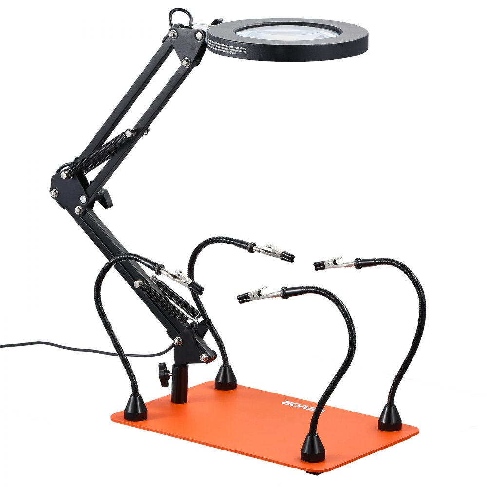 VEVOR Soldering Aid Third Hand, magnetyczna stacja lutownicza, narzędzie lutownicze 2 w 1 z 3-krotną lampą powiększającą LED i 5 elastycznymi ramionami, 6 uchwytami na płytki drukowane, stacja bazowa do napraw elektronicznych