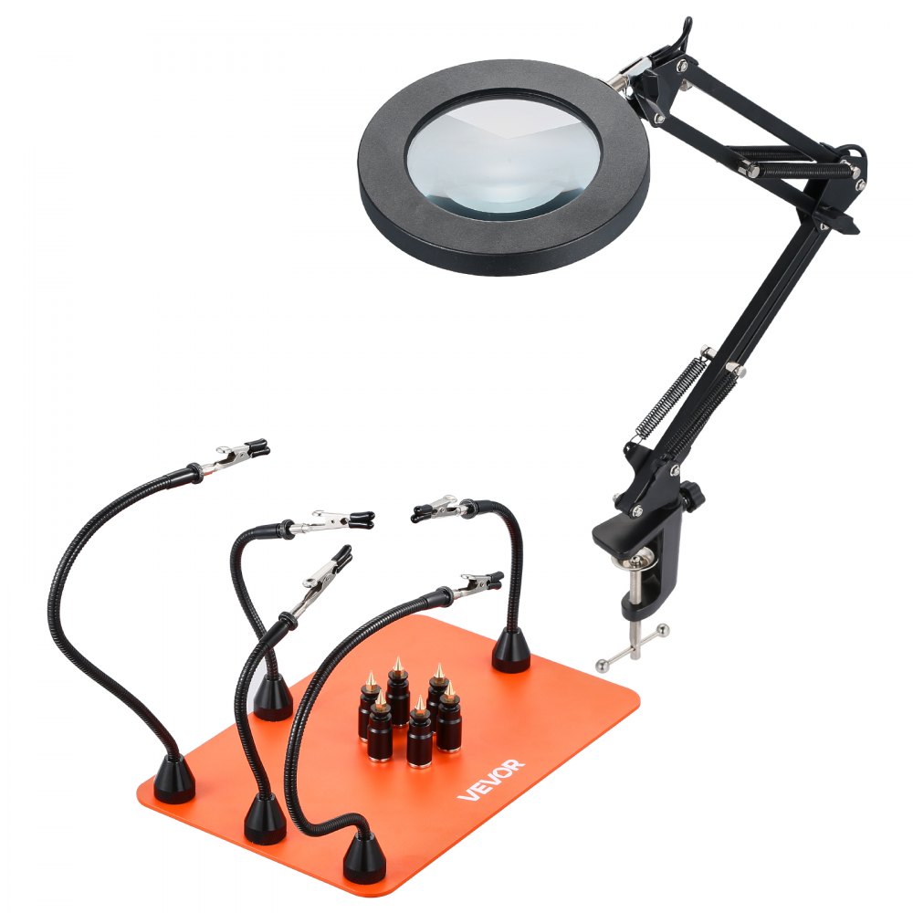 VEVOR Soldering Aid Third Hand, magnetyczna stacja lutownicza, narzędzie lutownicze 2 w 1 z 3-krotną lampą powiększającą LED i 5 elastycznymi ramionami, 6 uchwytami na płytki drukowane, stacja bazowa do napraw elektronicznych