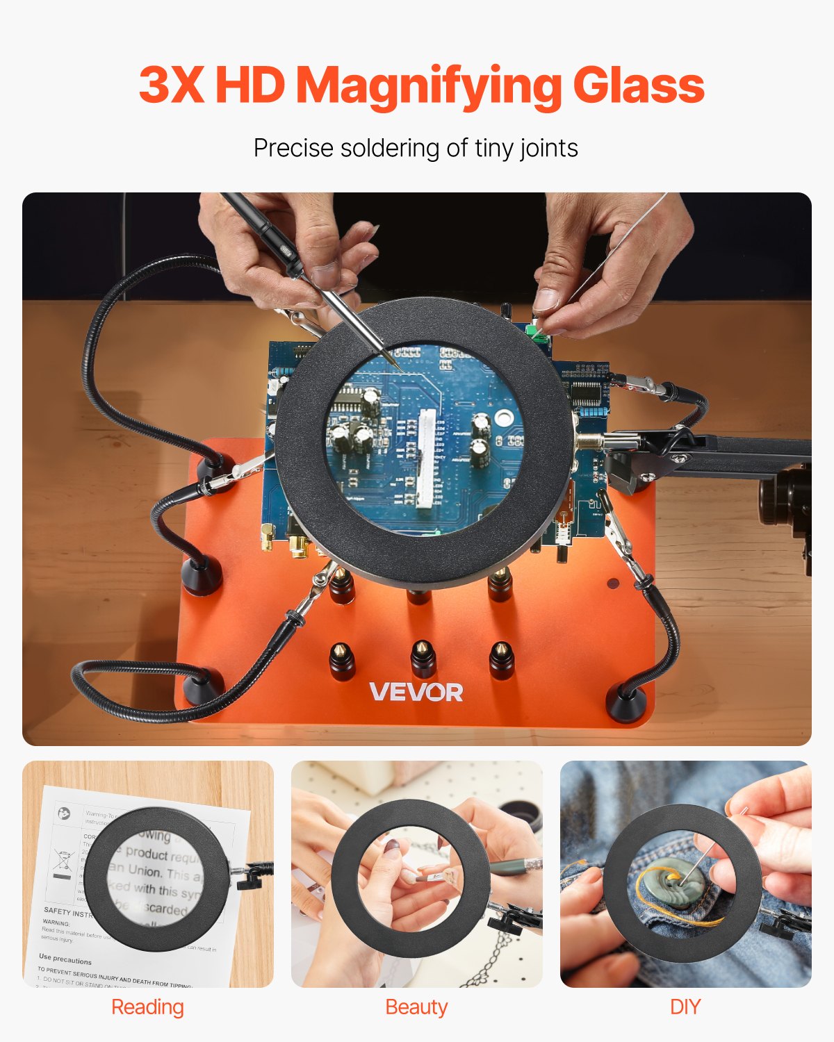 VEVOR Soldering Aid Third Hand, magnetyczna stacja lutownicza, narzędzie lutownicze 2 w 1 z 3-krotną lampą powiększającą LED i 5 elastycznymi ramionami, 6 uchwytami na płytki drukowane, stacja bazowa do napraw elektronicznych