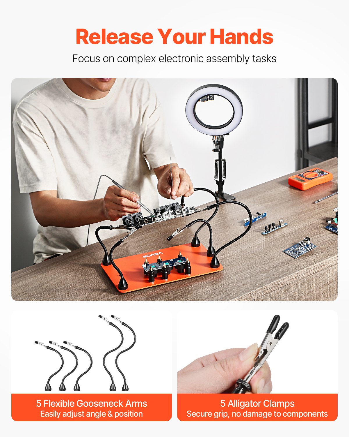 VEVOR Soldering Aid Third Hand, magnetyczna stacja lutownicza, narzędzie lutownicze 2 w 1 z 3-krotną lampą powiększającą LED i 5 elastycznymi ramionami, 6 uchwytami na płytki drukowane, stacja bazowa do napraw elektronicznych