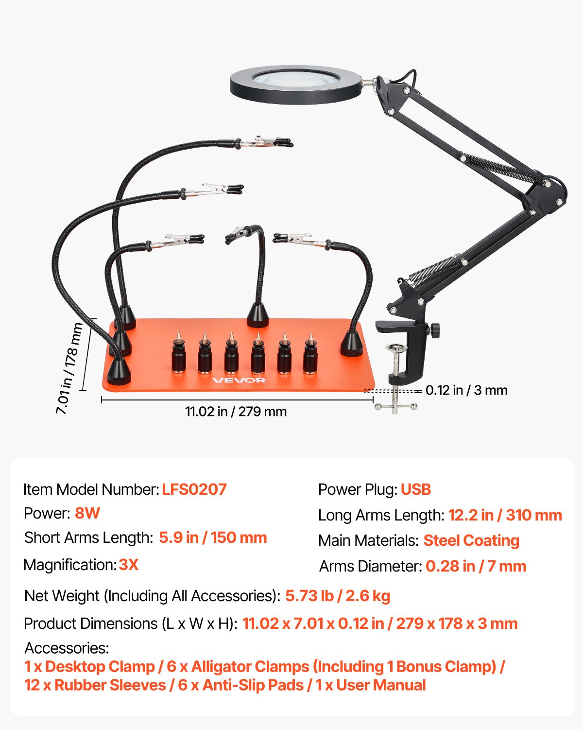 VEVOR Soldering Aid Third Hand, magnetyczna stacja lutownicza, narzędzie lutownicze 2 w 1 z 3-krotną lampą powiększającą LED i 5 elastycznymi ramionami, 6 uchwytami na płytki drukowane, stacja bazowa do napraw elektronicznych