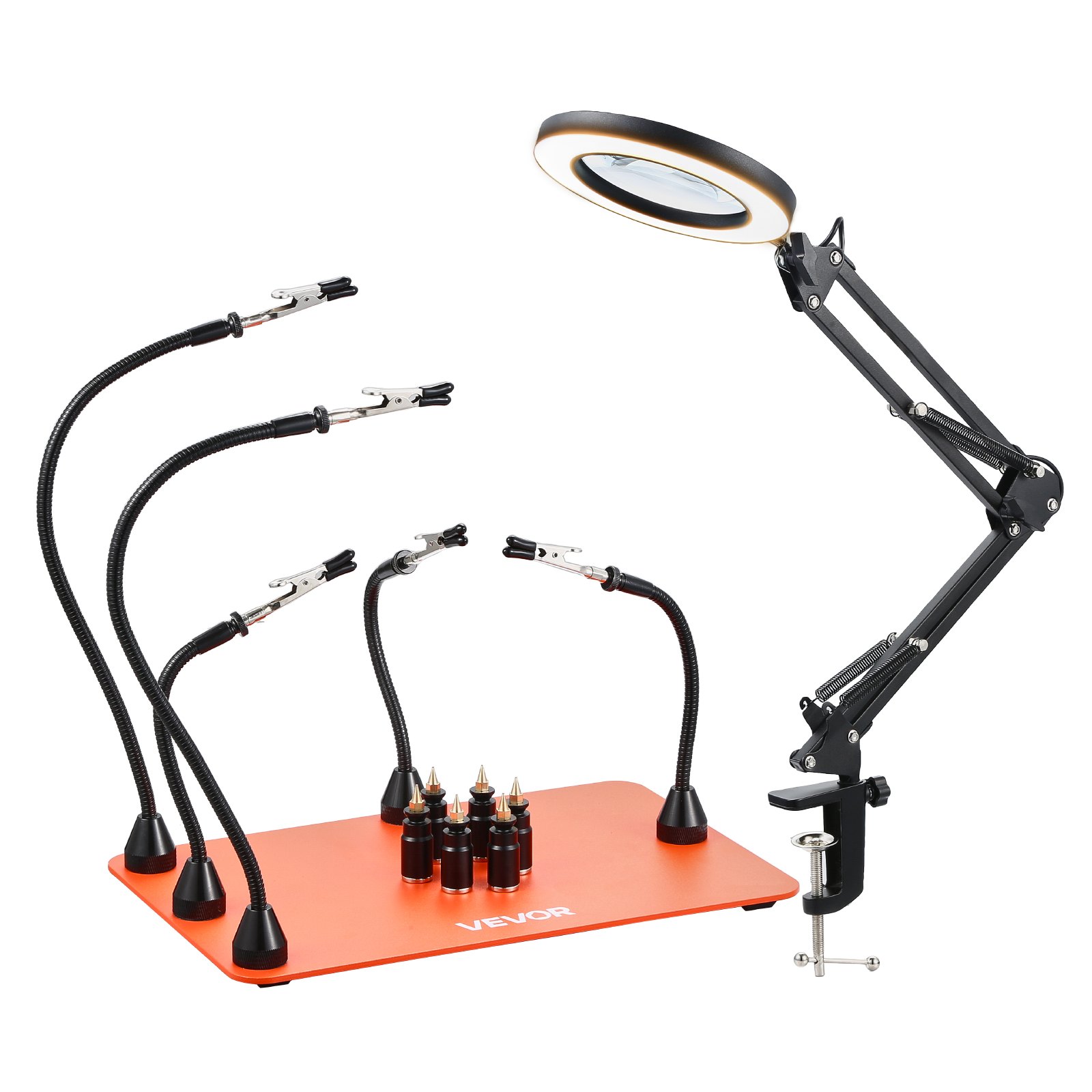 VEVOR Soldering Aid Third Hand, magnetyczna stacja lutownicza, narzędzie lutownicze 2 w 1 z 3-krotną lampą powiększającą LED i 5 elastycznymi ramionami, 6 uchwytami na płytki drukowane, stacja bazowa do napraw elektronicznych