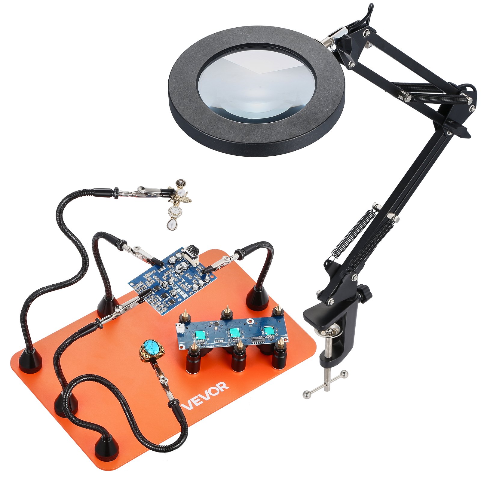 VEVOR Soldering Aid Third Hand, magnetyczna stacja lutownicza, narzędzie lutownicze 2 w 1 z 3-krotną lampą powiększającą LED i 5 elastycznymi ramionami, 6 uchwytami na płytki drukowane, stacja bazowa do napraw elektronicznych