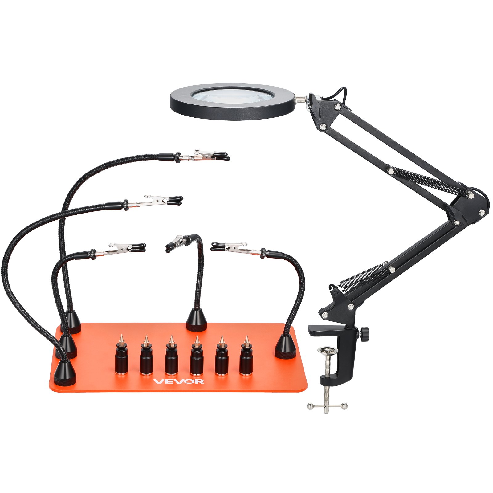 VEVOR Soldering Aid Third Hand, magnetyczna stacja lutownicza, narzędzie lutownicze 2 w 1 z 3-krotną lampą powiększającą LED i 5 elastycznymi ramionami, 6 uchwytami na płytki drukowane, stacja bazowa do napraw elektronicznych
