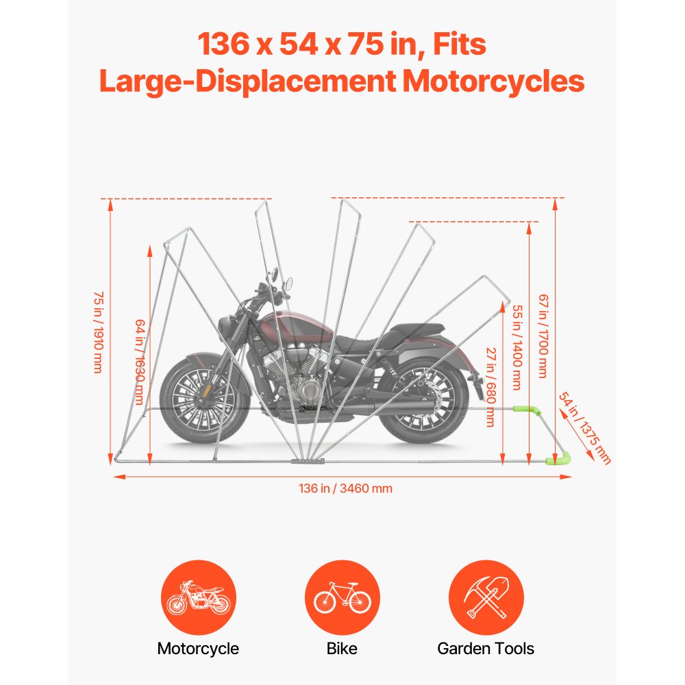 Namiot motocyklowy VEVOR, pokrowiec na motocykl 3460x1375x1900 mm, garaż na motocykl z zamkiem zabezpieczającym, namiot składany Oxford 600D, pokrowiec na motocykl odporny na warunki atmosferyczne z okienkami wentylacyjnymi, czarny