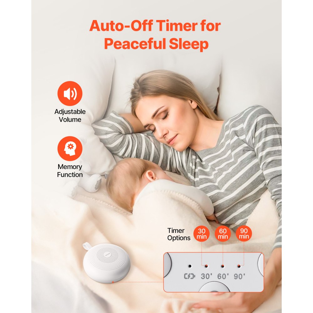 VEVOR Sleep Aid, Generator białego szumu, 30 utworów muzycznych, Urządzenie dźwiękowe 3 w 1 z białym szumem, automatyczne wyłączanie, delikatne światło pierścieniowe i funkcja pamięci, Generator szumu