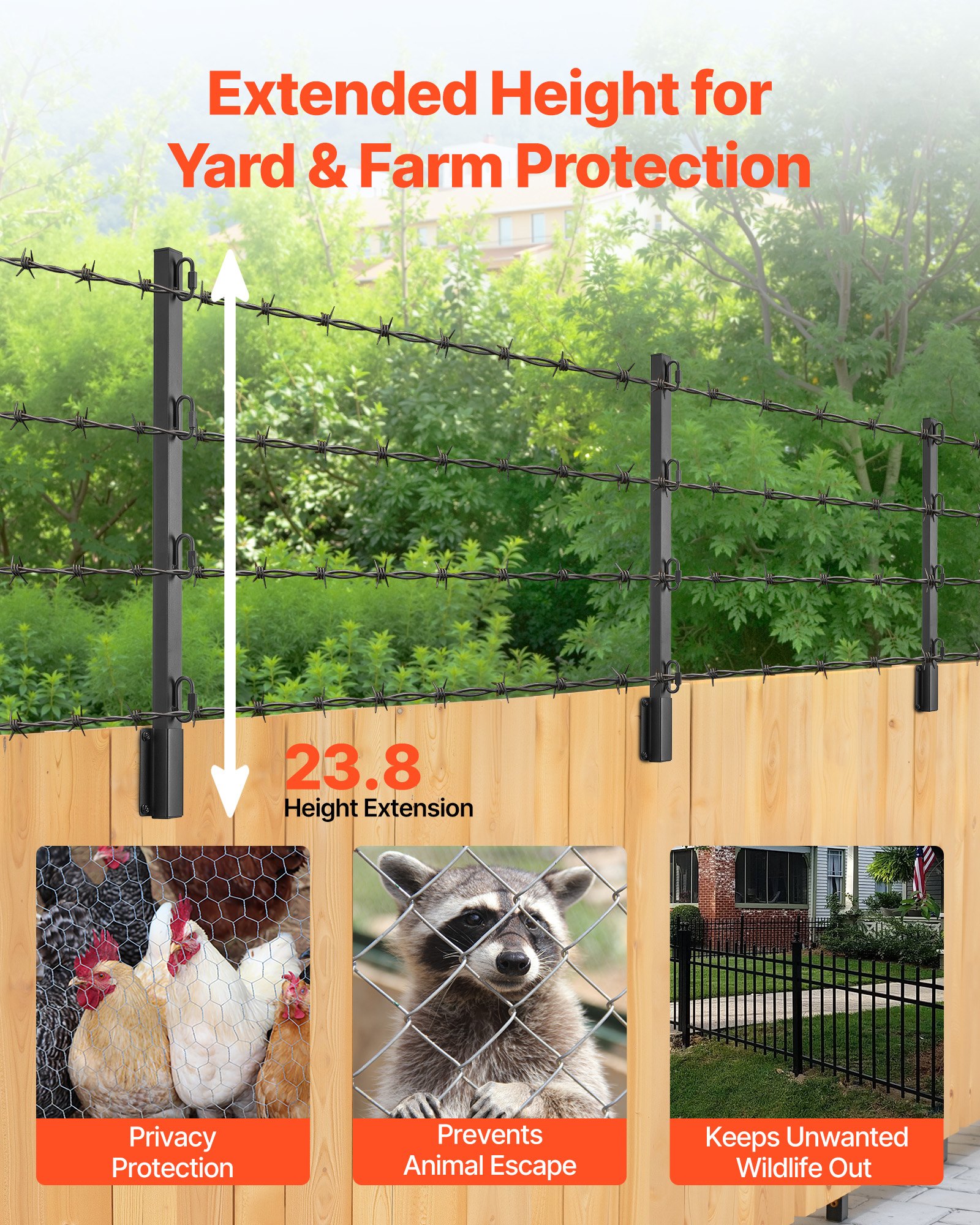 VEVOR Fence Post Extender, 8 Packs 605 mm Barbed Wire Arm, Sturdy Steel Fence Height Extender, Flat or Surface Mounted Barbed Wire Extension Arms, Protect Privacy and Prevent Pets Jumping Off