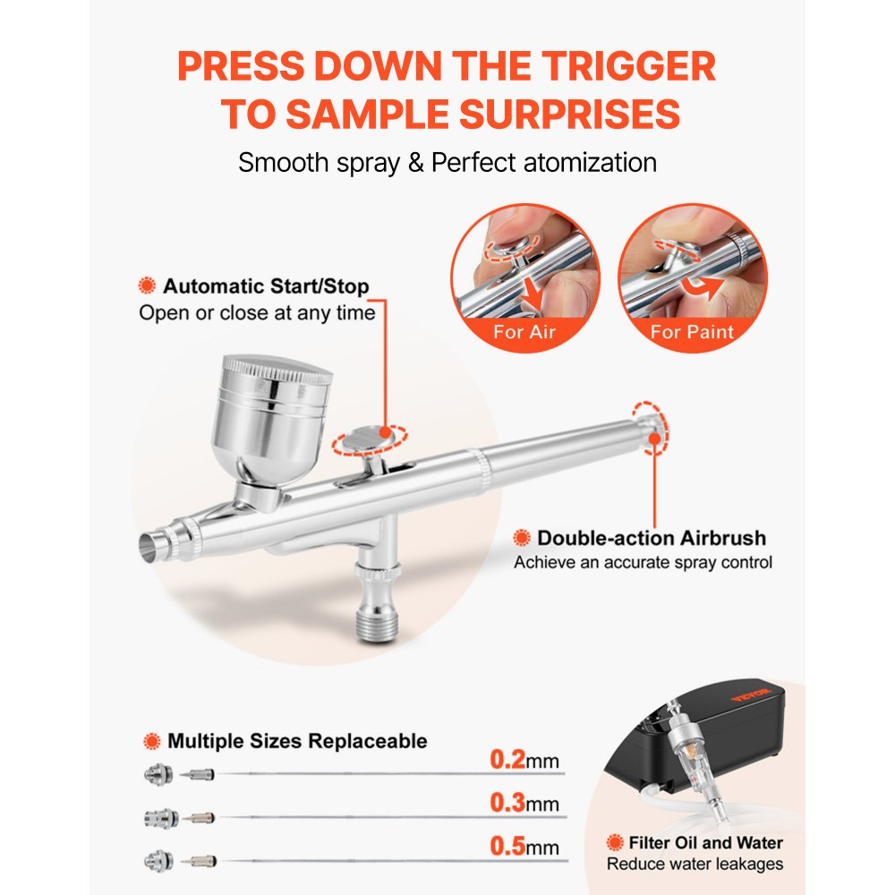 Zestaw aerografu VEVOR Dual Action z pistoletem natryskowym, kompresorem powietrza 30 psi ± 15%, 230 V, do makijażu, manicure, tatuażu, malowania, projektowania, rękodzieła, dekoracji żywności