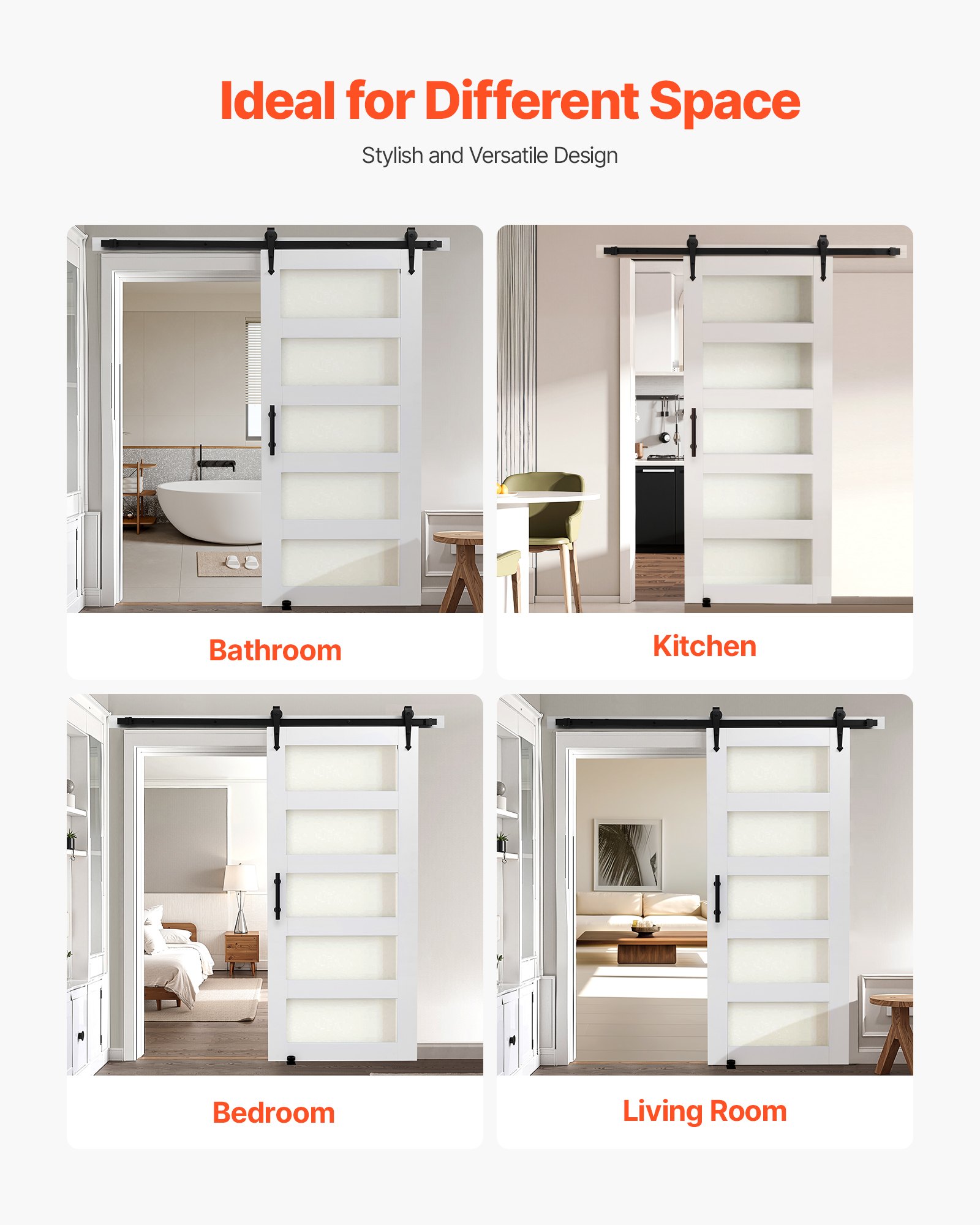 System drzwi przesuwnych VEVOR (914 x 2134 mm) z płyt MDF o wysokiej wytrzymałości i matowego szkła, drzwi do stodoły z zestawem okuć i wodoodporną powierzchnią z PVC oraz ramą H do łazienki