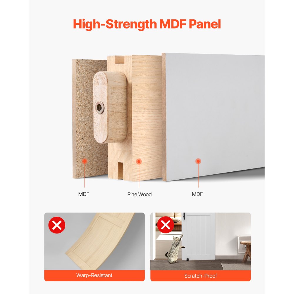 System drzwi przesuwnych do stodoły VEVOR (762 x 2134 mm) wykonany z płyt MDF o wysokiej wytrzymałości, drzwi do stodoły z zestawem montażowym i wodoodporną powierzchnią z PVC oraz ramą H do salonu i łazienki, kolor biały