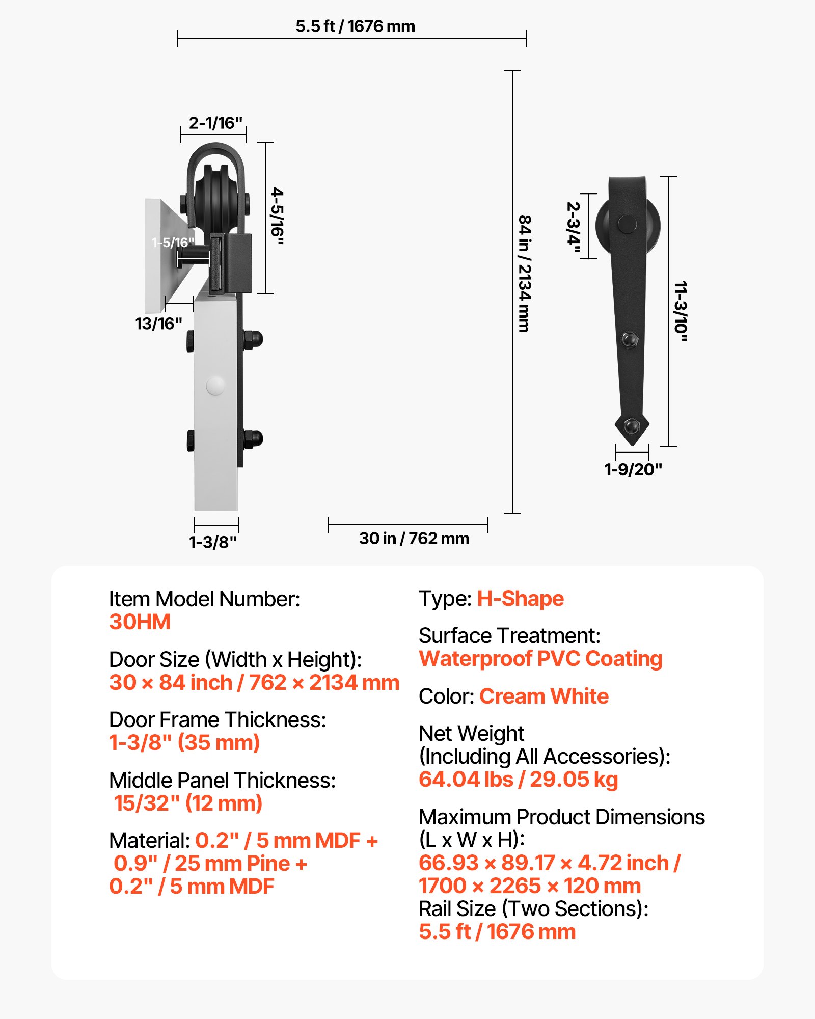 System drzwi przesuwnych do stodoły VEVOR (762 x 2134 mm) wykonany z płyt MDF o wysokiej wytrzymałości, drzwi do stodoły z zestawem montażowym i wodoodporną powierzchnią z PVC oraz ramą H do salonu i łazienki, kolor biały