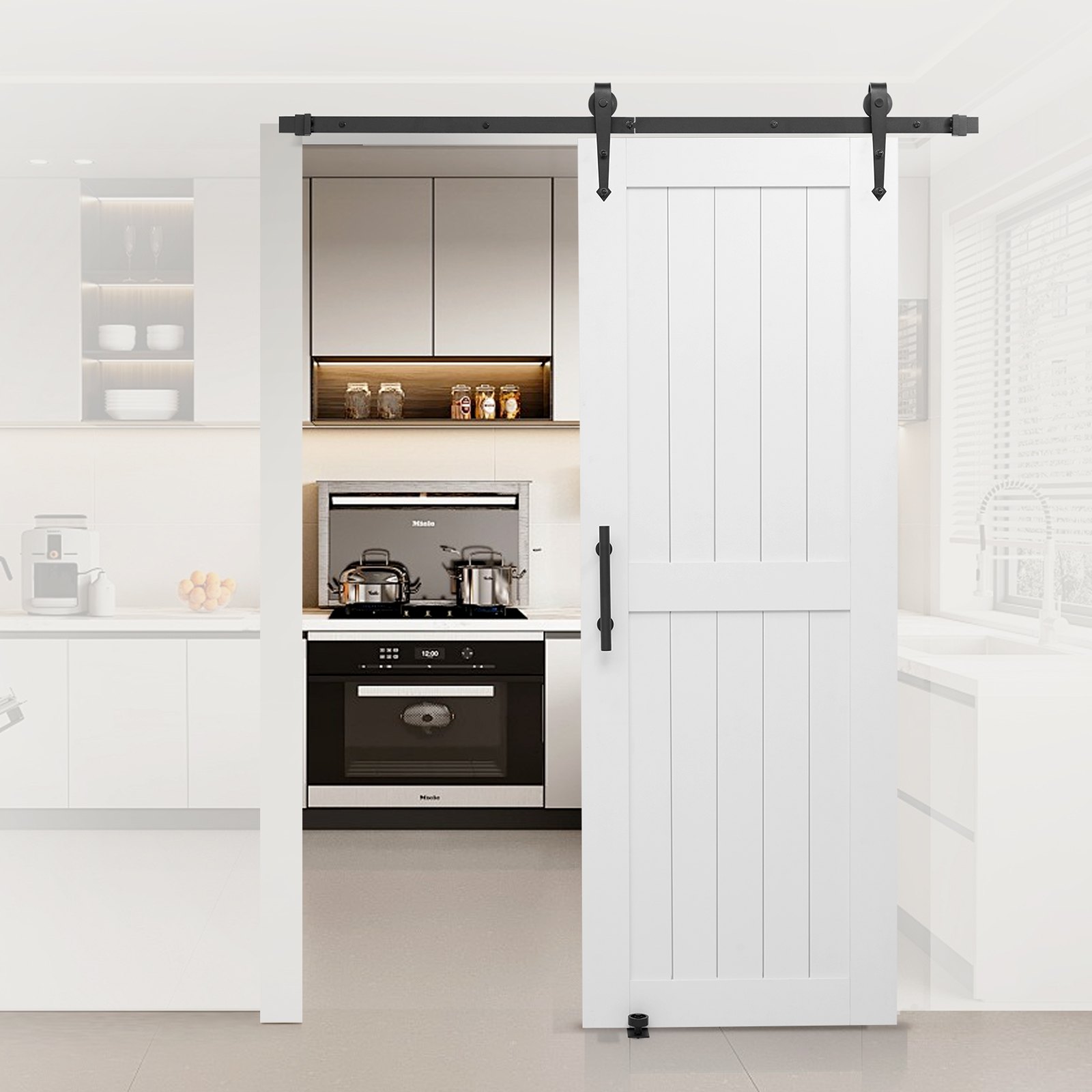 System drzwi przesuwnych do stodoły VEVOR (762 x 2134 mm) wykonany z płyt MDF o wysokiej wytrzymałości, drzwi do stodoły z zestawem montażowym i wodoodporną powierzchnią z PVC oraz ramą H do salonu i łazienki, kolor biały