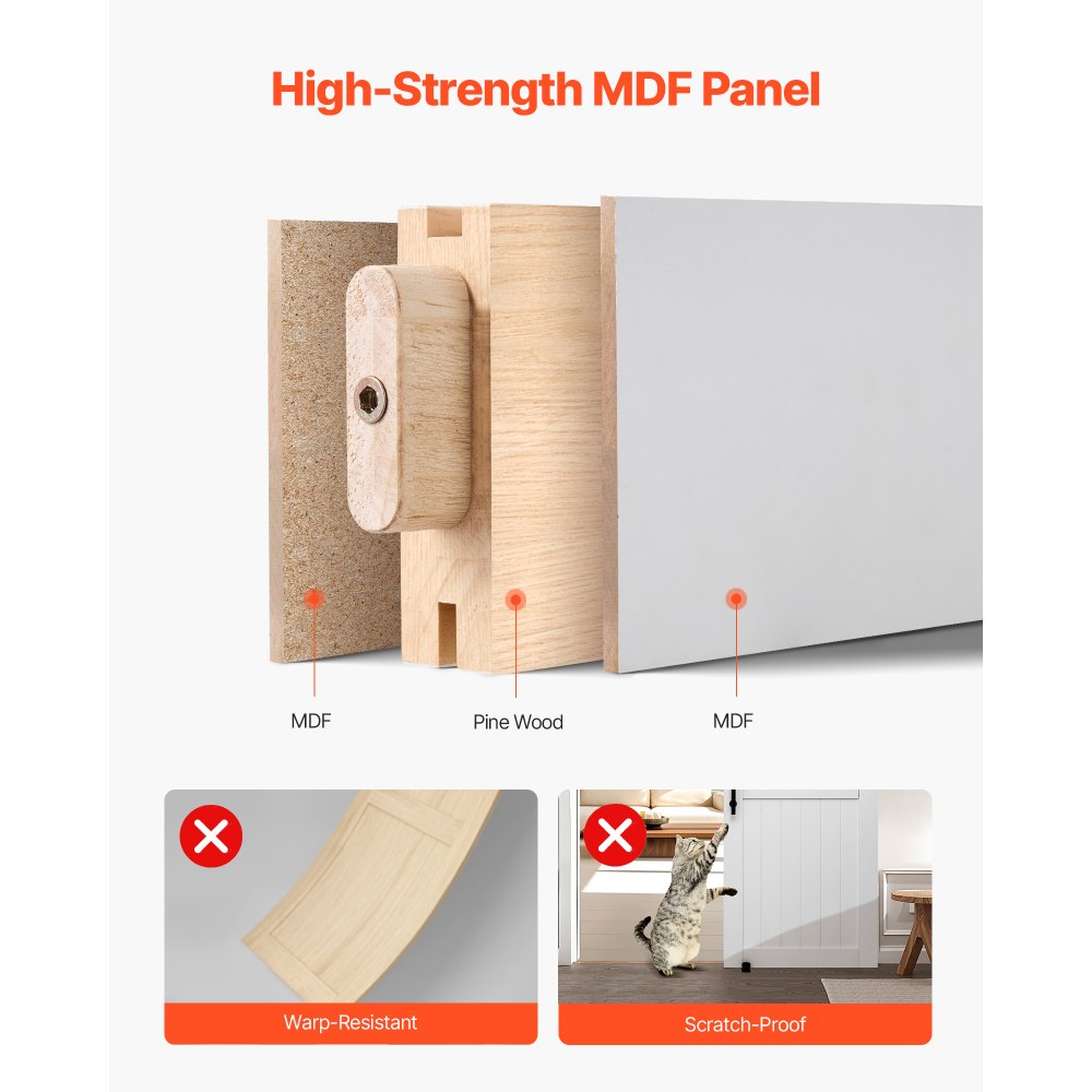 System drzwi przesuwnych VEVOR do stodoły (914 x 2134 mm) wykonany z płyt MDF o wysokiej wytrzymałości, drzwi do stodoły z zestawem montażowym i wodoodporną powierzchnią z PVC oraz ramą H do salonu i łazienki, kolor biały