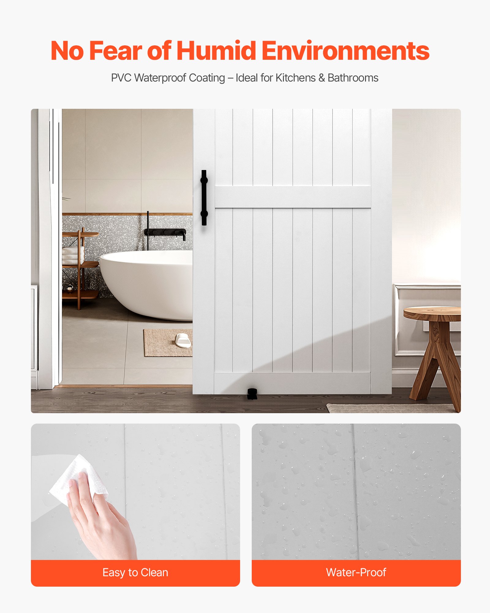 System drzwi przesuwnych VEVOR do stodoły (1067 x 2134 mm) wykonany z płyt MDF o wysokiej wytrzymałości, drzwi do stodoły z zestawem montażowym i wodoodporną powierzchnią z PVC oraz ramą H do salonu i łazienki, kolor biały