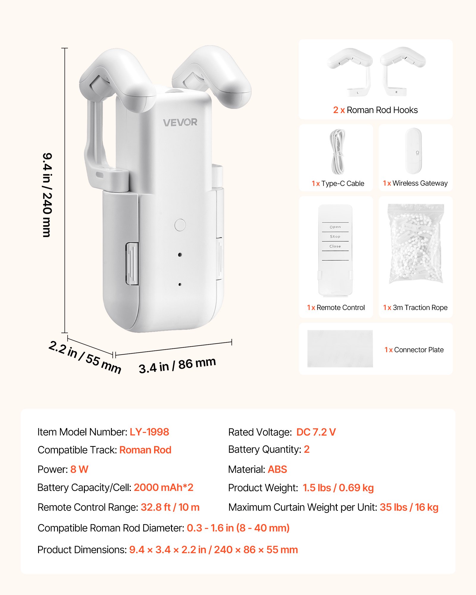 VEVOR Automatic Curtain Opener, APP and Remote Control, Hub Included, Electric Smart Curtain Opener Compatible with Alexa and Google Home, Timed Opening and Closing, Silent Mode, for Roman Rods