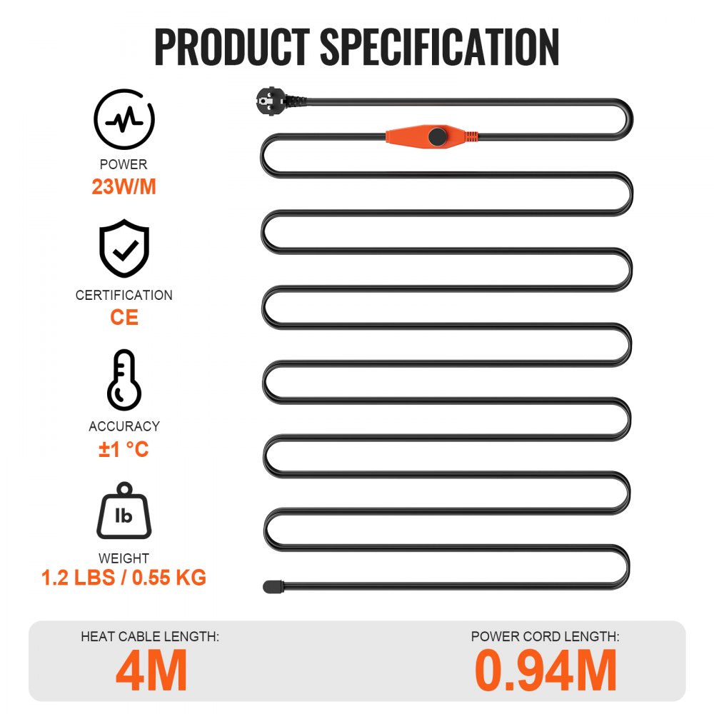 Przewód grzejny przeciwzamarzaniowy VEVOR, 4 m, 23 W/m, przewód grzejny do rur z wbudowanym termostatem, przewód grzejny do rur chroniący węże PCV, rury metalowe i plastikowe przed zamarzaniem