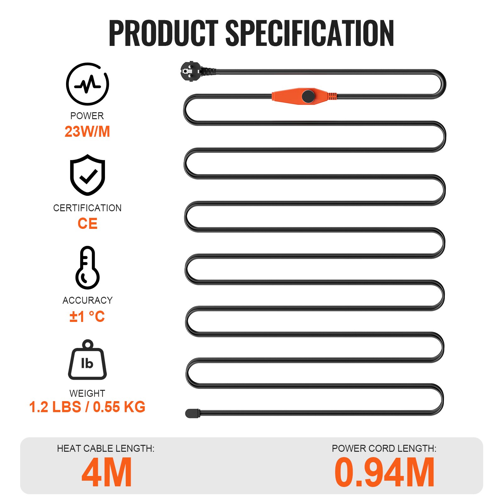 Przewód grzejny przeciwzamarzaniowy VEVOR, 4 m, 23 W/m, przewód grzejny do rur z wbudowanym termostatem, przewód grzejny do rur chroniący węże PCV, rury metalowe i plastikowe przed zamarzaniem