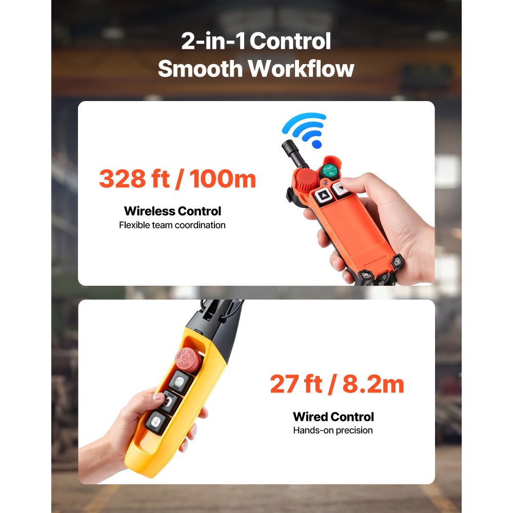 Wciągnik łańcuchowy elektryczny VEVOR o udźwigu 2721 kg, wysokości podnoszenia 9,1 m, trójfazowy, z radiem 100 m i przewodem 8,2 m, podwójnym łańcuchem G100, wyłącznikiem awaryjnym, wciągnik łańcuchowy elektryczny do fabryk, magazynów, garaży