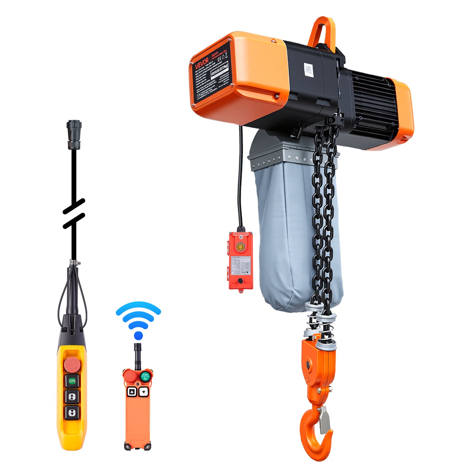 Wciągnik łańcuchowy elektryczny VEVOR o udźwigu 2721 kg, wysokości podnoszenia 9,1 m, trójfazowy, z radiem 100 m i przewodem 8,2 m, podwójnym łańcuchem G100, wyłącznikiem awaryjnym, wciągnik łańcuchowy elektryczny do fabryk, magazynów, garaży