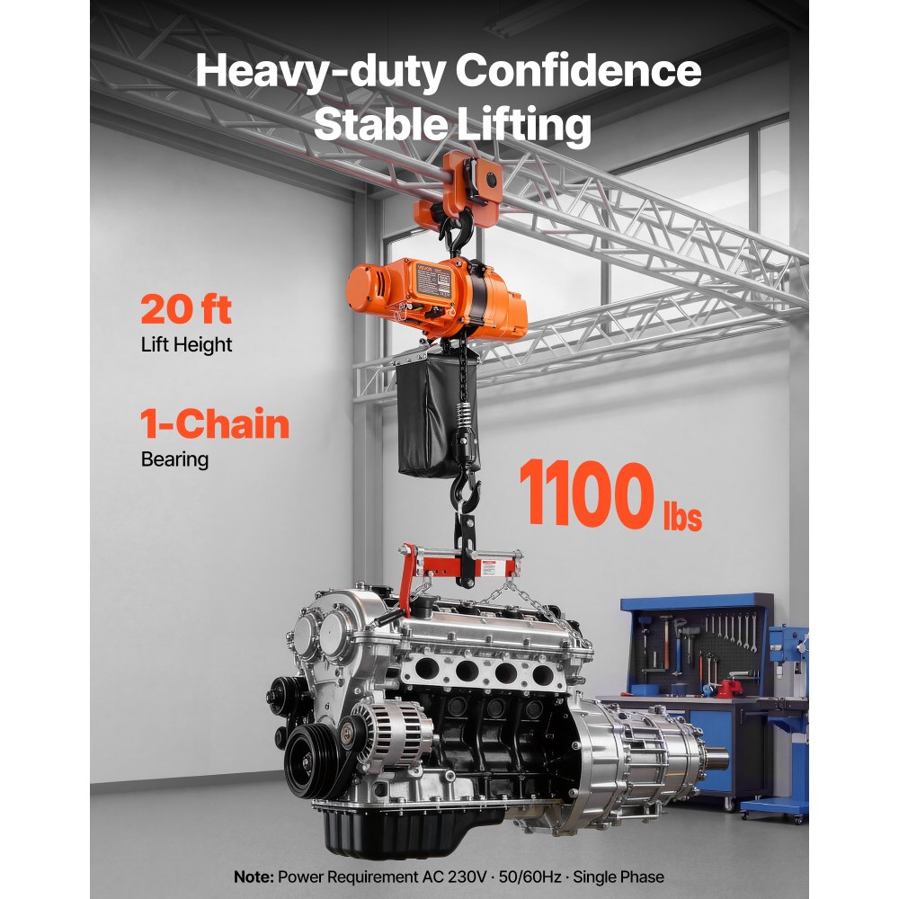 VEVOR 500 kg Electric Chain Hoist, 6 m Lifting Height, 230V Single Phase Overhead Crane with 100 m Wireless & 4.5 m Wired Remote Control, Power Electric Hoist for Factories, Warehouses, Garages