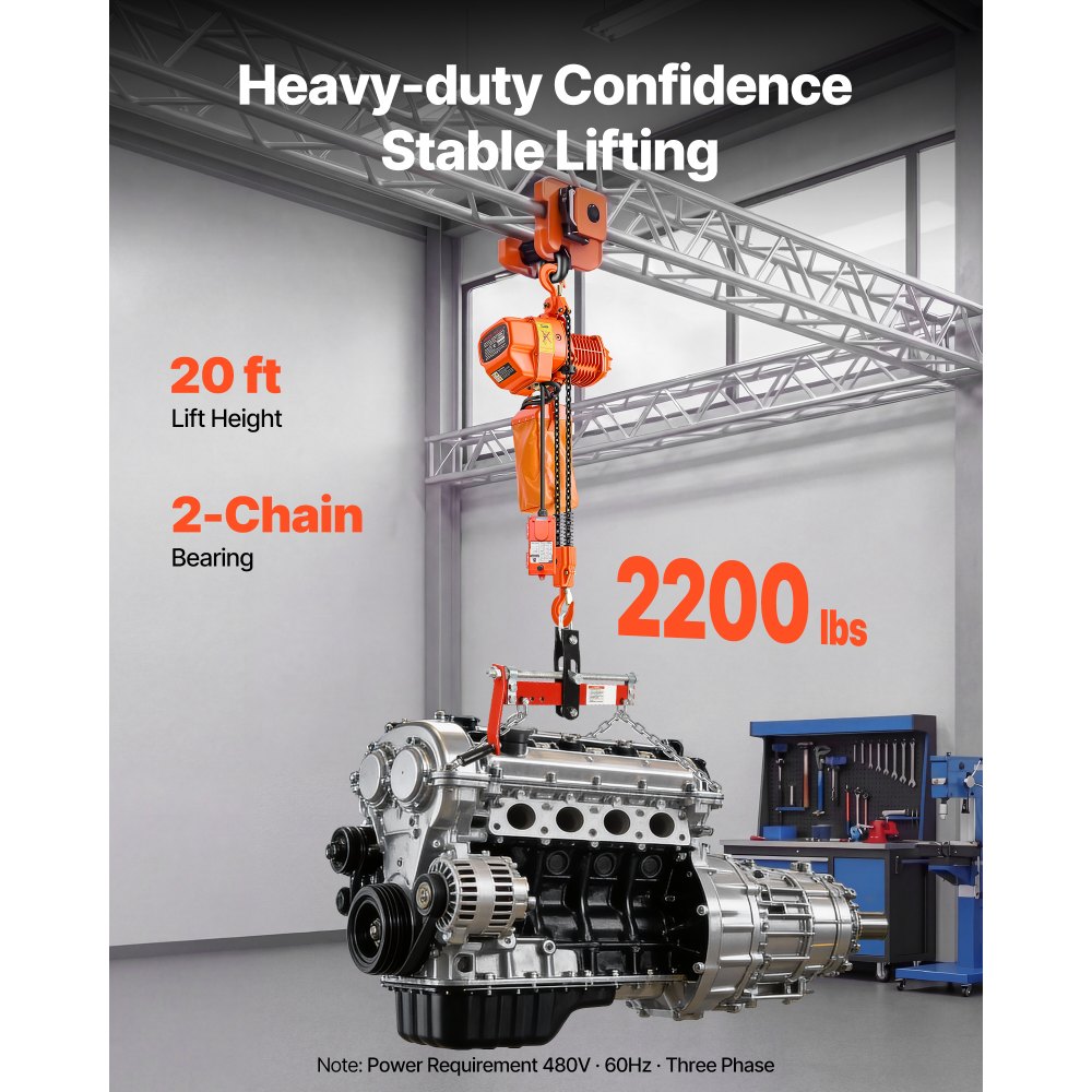VEVOR 1000 kg Electric Chain Hoist, 6 m Lifting Height, Three-Phase Overhead Crane with 100 m Wireless & 4.5 m Wired Remote Control, Double G80 Chain Hoist for Factories, Warehouses, Garages