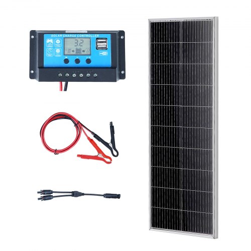 Zestaw paneli słonecznych VEVOR 100 W. Monokrystaliczny moduł słoneczny 12 V z kontrolerem ładowania. Współczynnik konwersji układu słonecznego 8,33 A na poziomie 23%. Kompatybilny z akumulatorami AGM, GEL, FLD, LI. Idealny do pojazdów kempingowych, jachtów i domów.