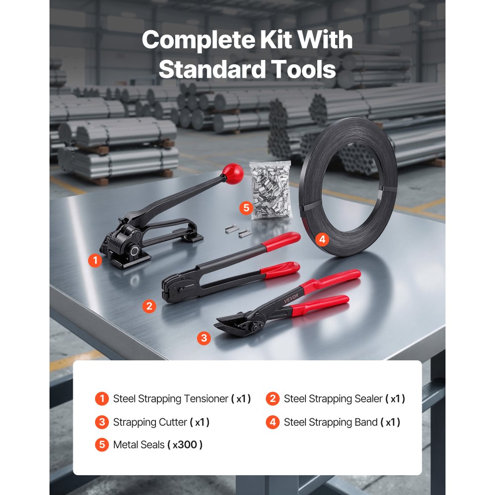 VEVOR Steel Banding Strapping Kit, Heavy Duty Banding Sealer Tool with 183 m Binding Straps, 300 Metal Seals, Manual Pallet Packaging Strapping Kit for Warehouse, Transportation, Industrial Bundling