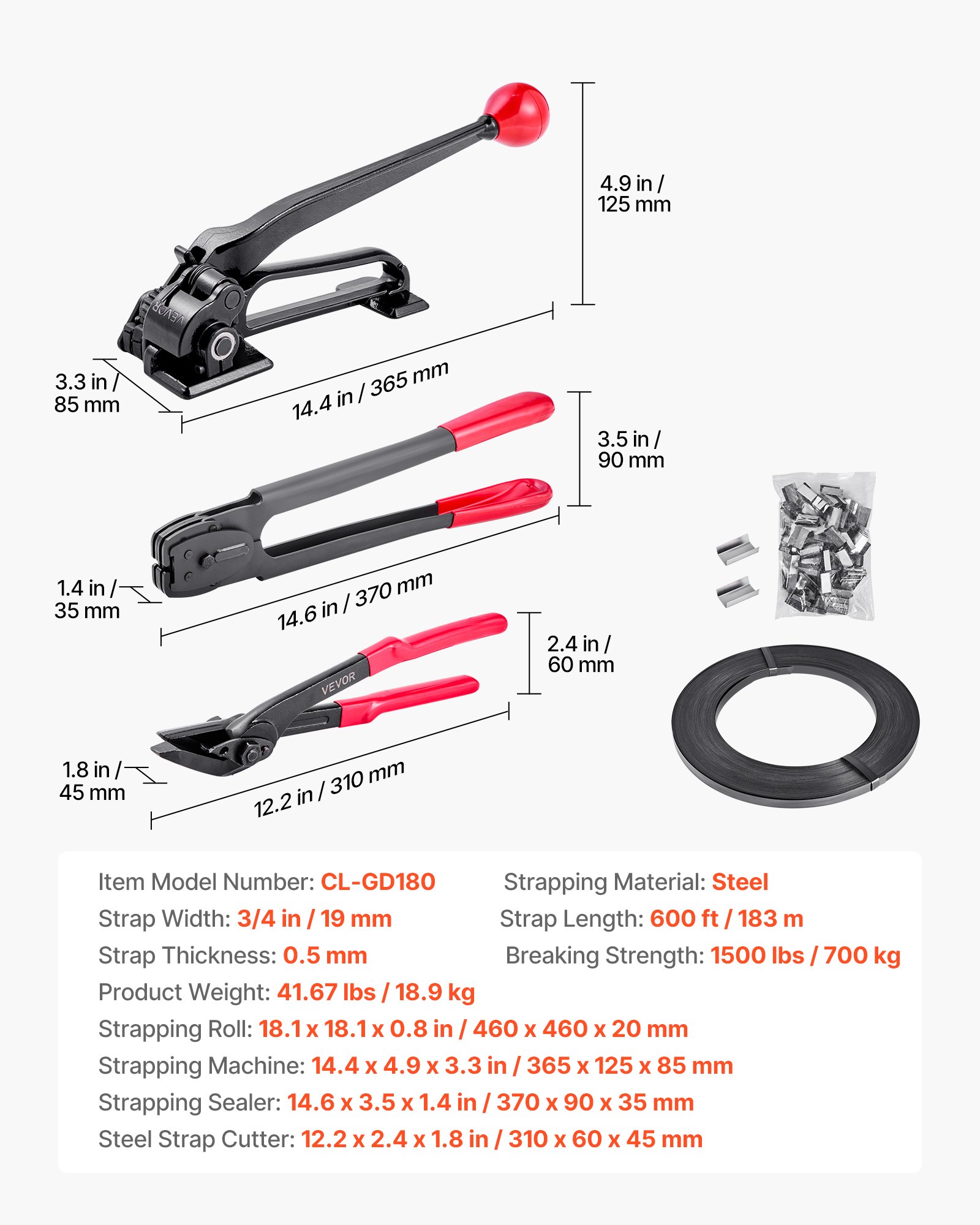VEVOR Steel Banding Strapping Kit, Heavy Duty Banding Sealer Tool with 183 m Binding Straps, 300 Metal Seals, Manual Pallet Packaging Strapping Kit for Warehouse, Transportation, Industrial Bundling