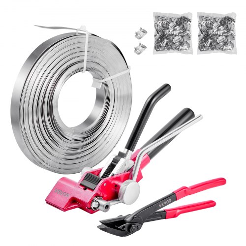 Zestaw do spinania taśmą stalową VEVOR, 4 części, ręczne narzędzie do spinania z taśmą metalową o długości 60 m, 200 klipsami metalowymi i obcinakiem, idealne wyposażenie warsztatu do pakowania, transportu i magazynowania przemysłowego