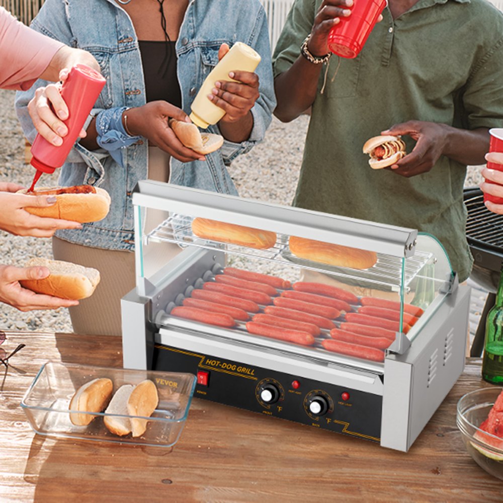 VEVOR Urządzenie do robienia hot dogów Grill do hot dogów Rolki do hot dogów Grill ze stali nierdzewnej 7 rolek 1,4 kW