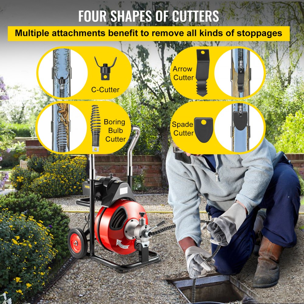 Urządzenie do czyszczenia odpływów VEVOR 390 W, spirala 15 mm x 13 mm, kompaktowy elektryczny czyścik do odpływów z 8 wymiennymi ostrzami, narzędzie z tuleją przesuwną, 1750 obr./min, do instalacji rur