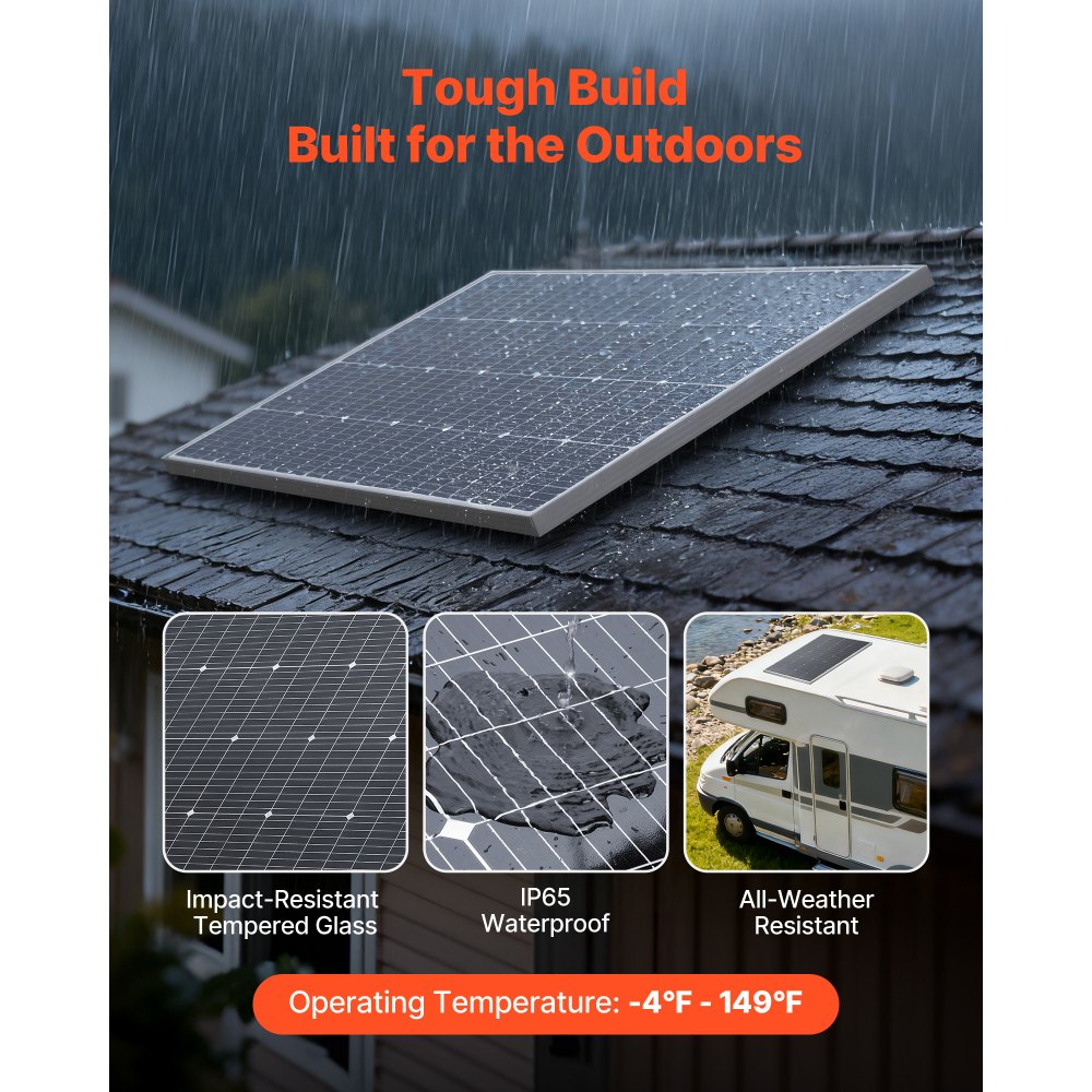 VEVOR 100W Monocrystalline Solar Panel, 23% High-Efficiency Mono PV Module with Stable MC4 Output & Aluminum Frame, IP65 Waterproof Solar Panel for Car Boat RV Flat Rooftop Off-Grid Applications