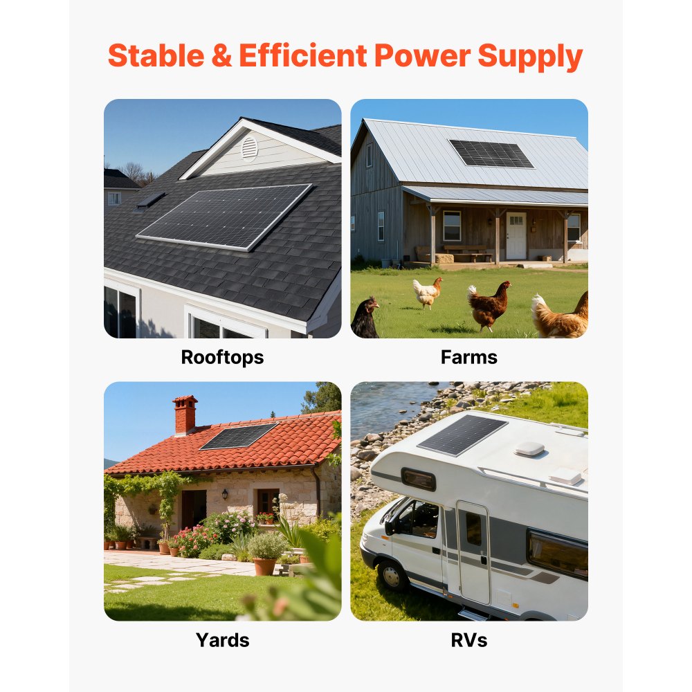 Monokrystaliczne panele słoneczne VEVOR o mocy 100 W, moduł fotowoltaiczny z mocą wyjściową MC4 i aluminiową ramą, wodoodporny panel słoneczny IP65, niezależna od sieci elektrownia balkonowa do samochodów, łodzi, kamperów i płaskich dachów