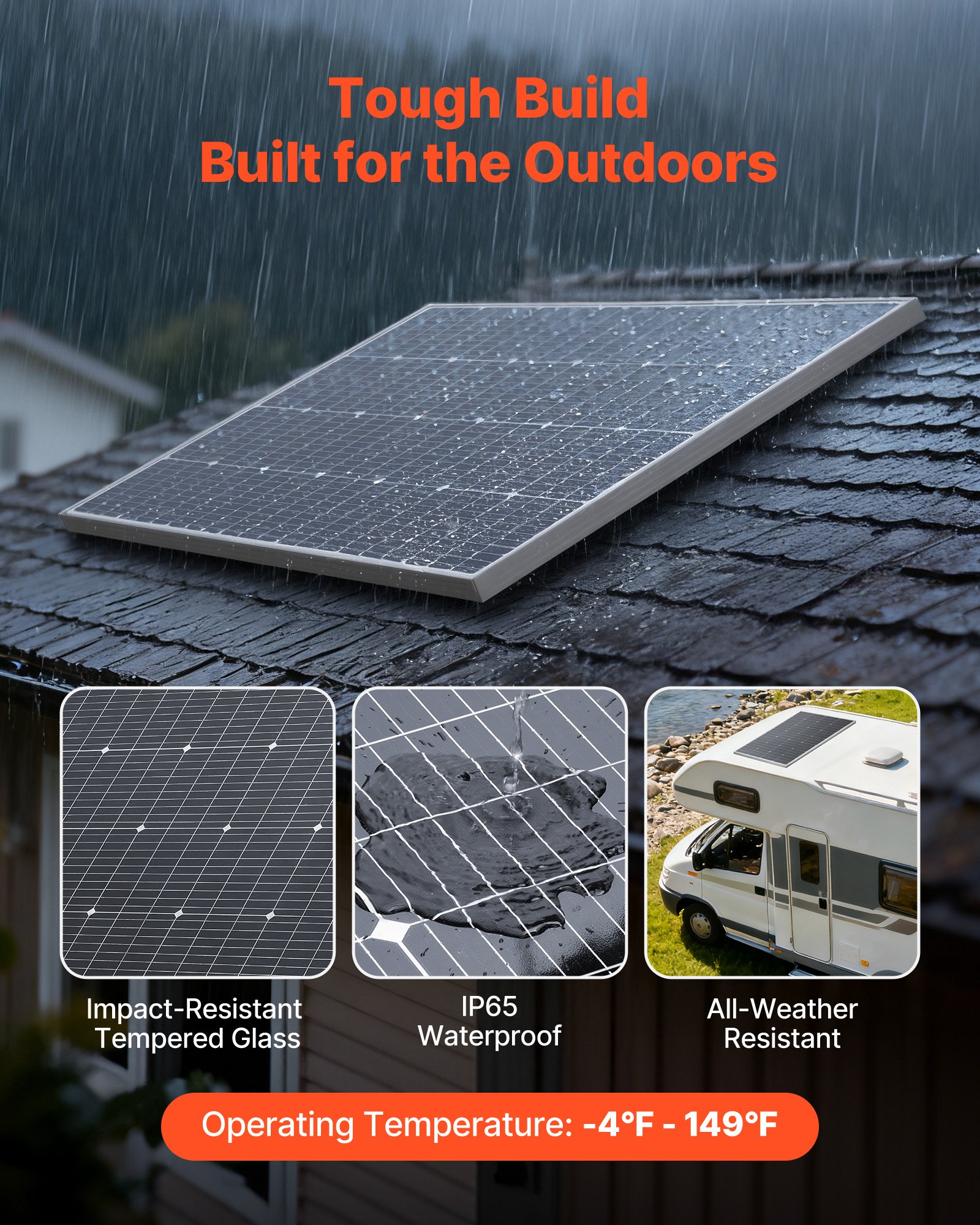 Monokrystaliczne panele słoneczne VEVOR o mocy 100 W, moduł fotowoltaiczny z mocą wyjściową MC4 i aluminiową ramą, wodoodporny panel słoneczny IP65, niezależna od sieci elektrownia balkonowa do samochodów, łodzi, kamperów i płaskich dachów
