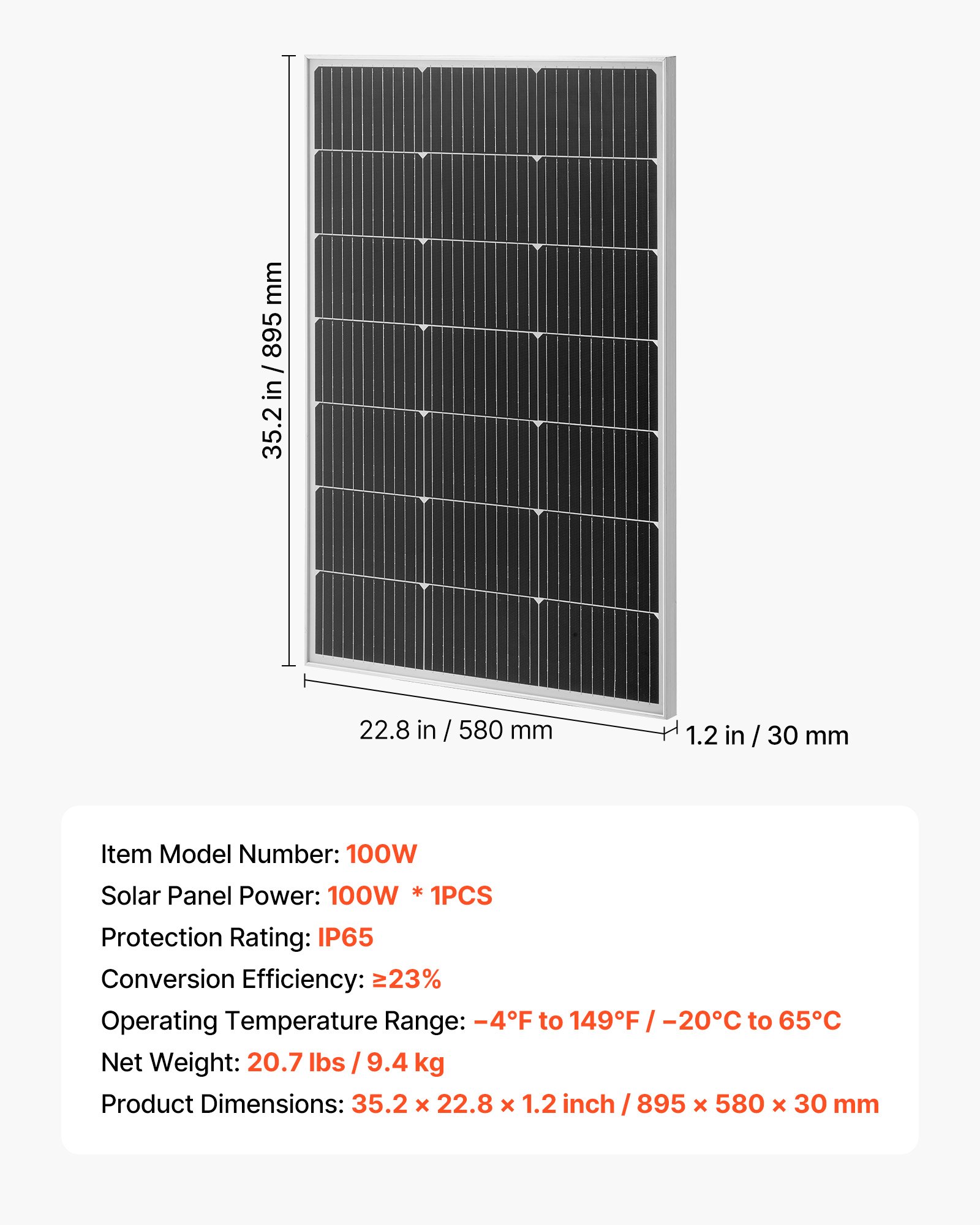 Monokrystaliczne panele słoneczne VEVOR o mocy 100 W, moduł fotowoltaiczny z mocą wyjściową MC4 i aluminiową ramą, wodoodporny panel słoneczny IP65, niezależna od sieci elektrownia balkonowa do samochodów, łodzi, kamperów i płaskich dachów