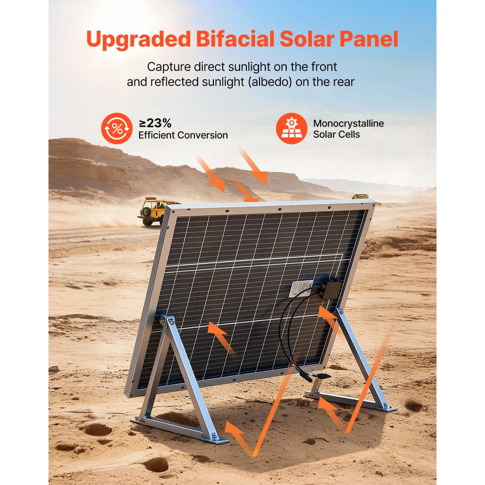 Dwustronny panel słoneczny VEVOR 100 W, 2 sztuki, monokrystaliczny moduł fotowoltaiczny typu N o wysokiej sprawności 23% z wyjściem MC4 i aluminiową ramą, wodoodporny panel słoneczny IP67 do samochodu, łodzi, kampera, poza siecią