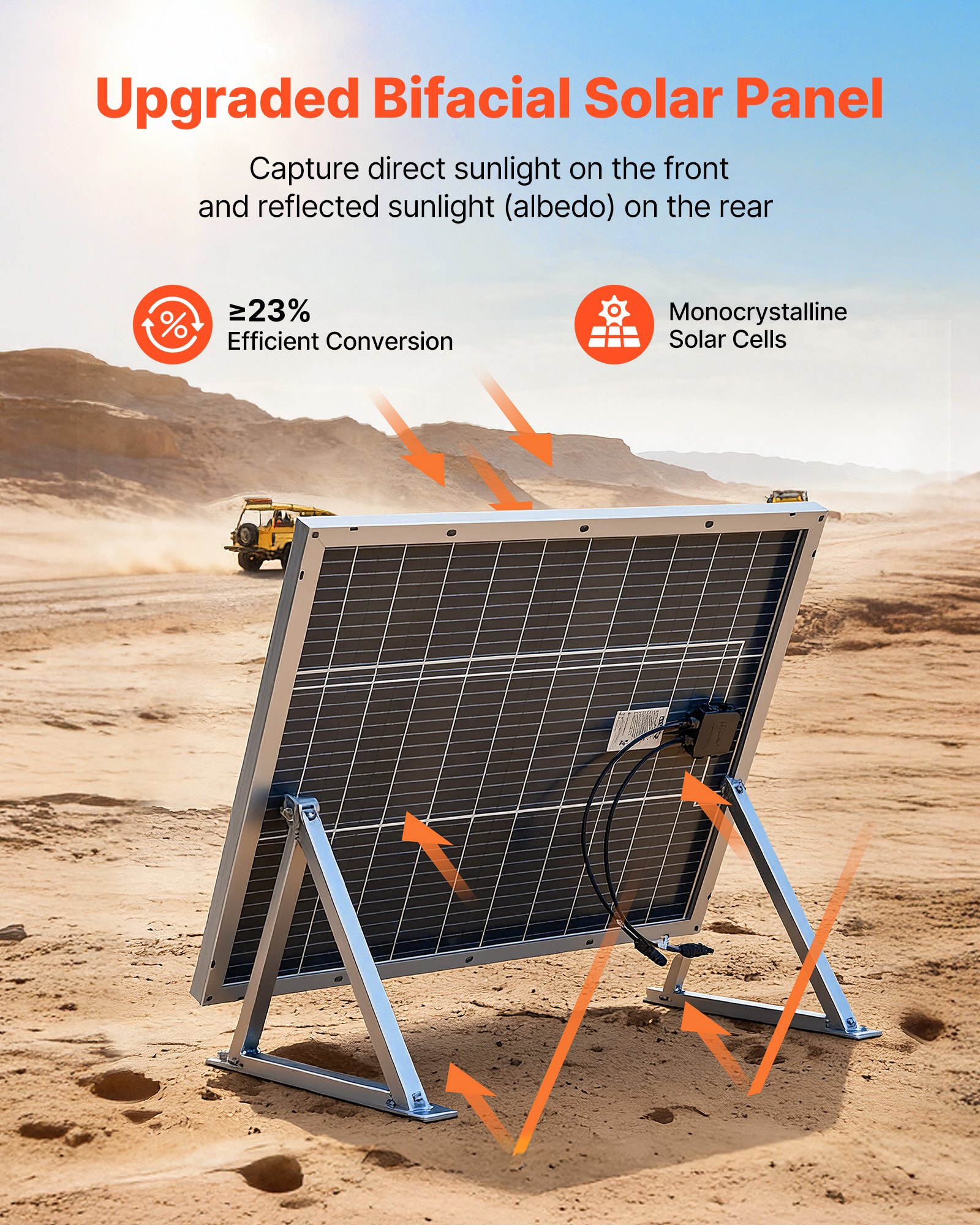 Dwustronny panel słoneczny VEVOR 100 W, 2 sztuki, monokrystaliczny moduł fotowoltaiczny typu N o wysokiej sprawności 23% z wyjściem MC4 i aluminiową ramą, wodoodporny panel słoneczny IP67 do samochodu, łodzi, kampera, poza siecią