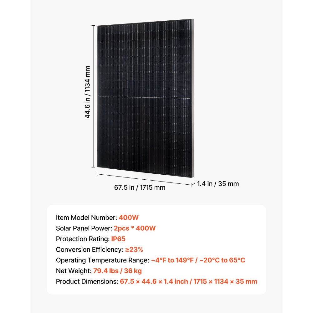 Monokrystaliczne panele słoneczne VEVOR 400 W, zestaw 2 szt., moduł fotowoltaiczny z mocą wyjściową MC4 i aluminiową ramą, wodoodporny panel słoneczny IP65, niezależna od sieci elektrownia balkonowa do samochodów, łodzi, kamperów i płaskich dachów