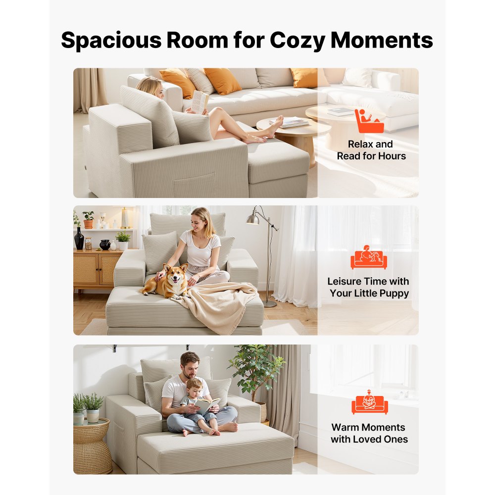 VEVOR Leżanka 1115 mm, modułowa sofa do salonu bez podpór, duży fotel do czytania z kordu z poduszkami, podłokietnikami i głębokim siedziskiem, fotel wypoczynkowy do salonu i sypialni, beżowy