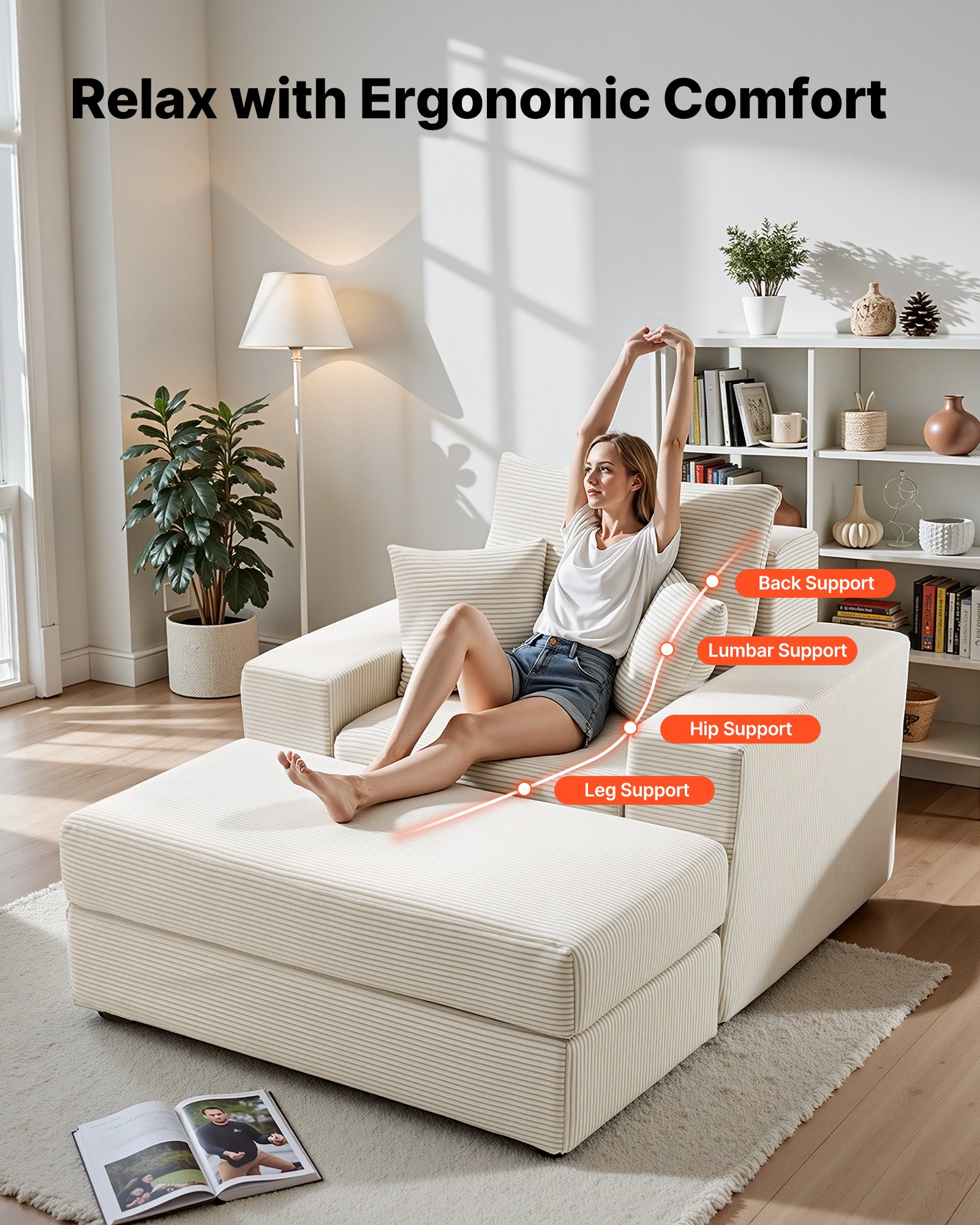 VEVOR Leżanka 1115 mm, modułowa sofa do salonu bez podpór, duży fotel do czytania z kordu z poduszkami, podłokietnikami i głębokim siedziskiem, fotel wypoczynkowy do salonu i sypialni, beżowy