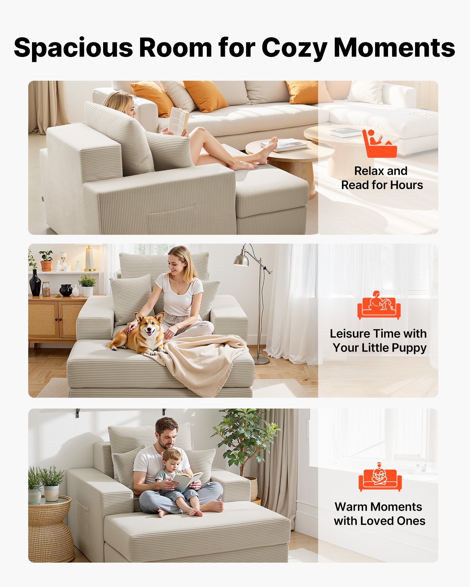 VEVOR Leżanka 1115 mm, modułowa sofa do salonu bez podpór, duży fotel do czytania z kordu z poduszkami, podłokietnikami i głębokim siedziskiem, fotel wypoczynkowy do salonu i sypialni, beżowy