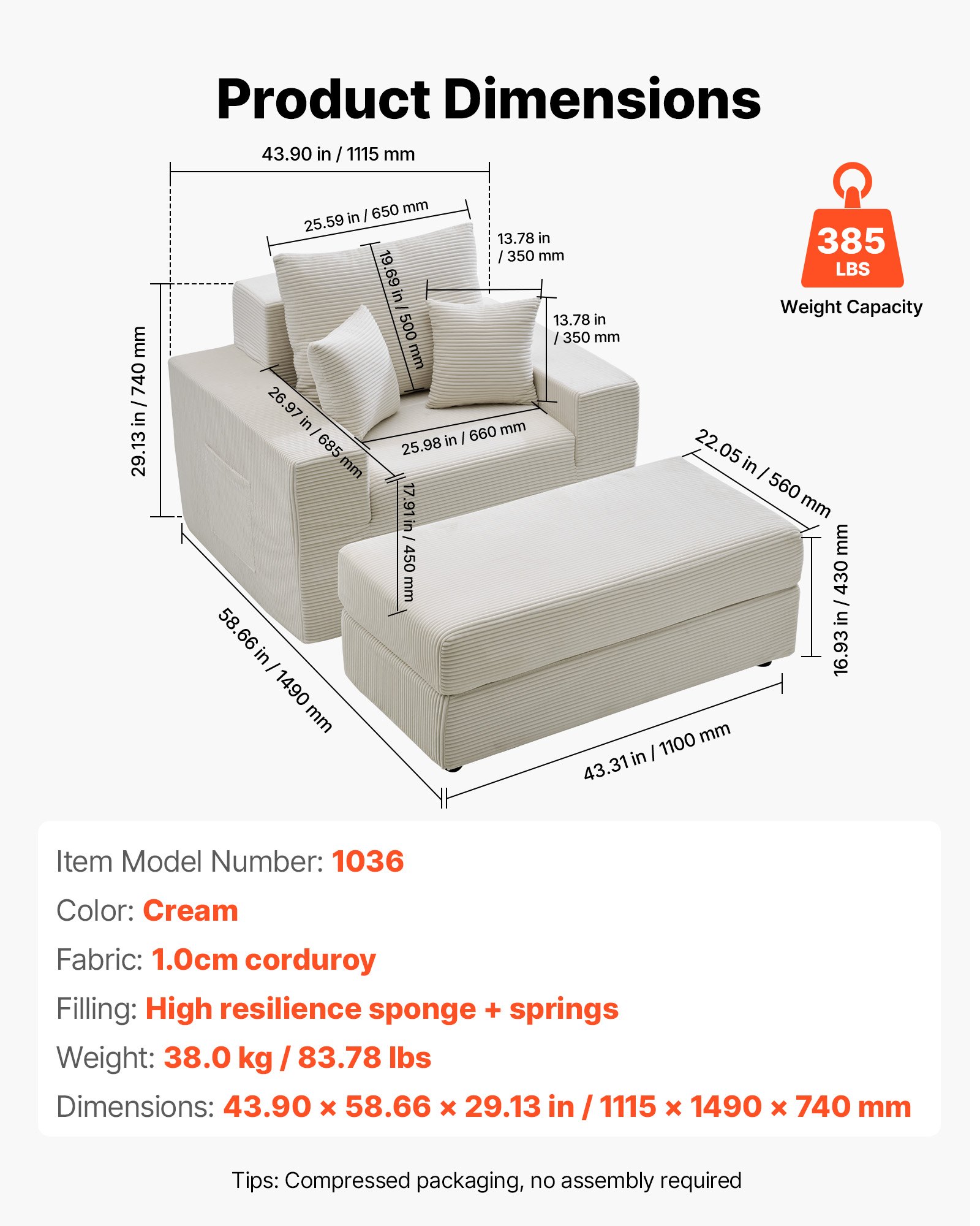 VEVOR Leżanka 1115 mm, modułowa sofa do salonu bez podpór, duży fotel do czytania z kordu z poduszkami, podłokietnikami i głębokim siedziskiem, fotel wypoczynkowy do salonu i sypialni, beżowy