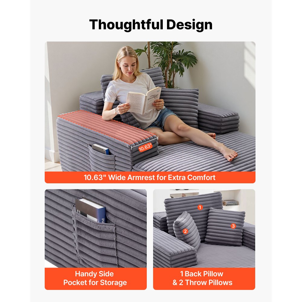 VEVOR Leżanka relaksacyjna 138 cm, tapicerowana sofa z funkcją spania z ozdobnymi poduszkami i podłokietnikami, rozkładana sofa z głębokim siedziskiem do salonu i sypialni, fotel wypoczynkowy z wysoce elastycznej gąbki