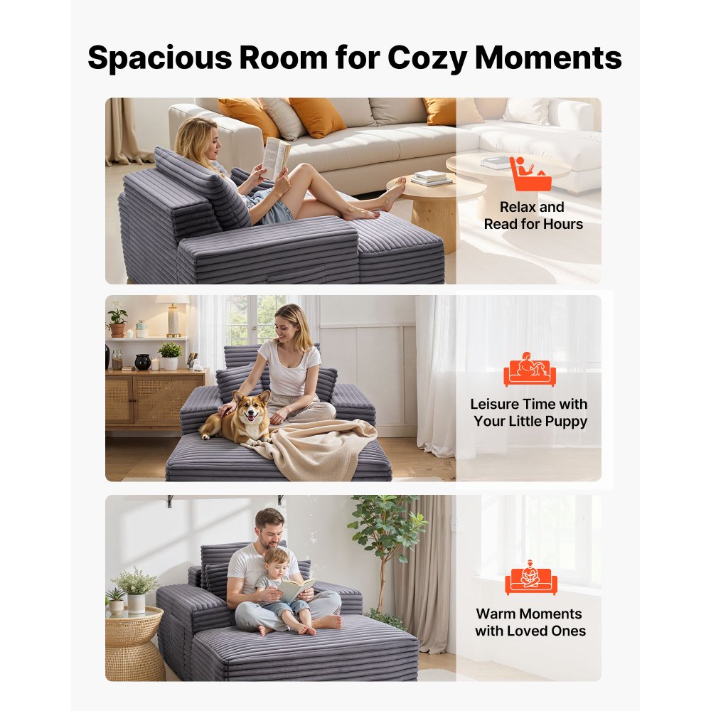 VEVOR Leżanka relaksacyjna 138 cm, tapicerowana sofa z funkcją spania z ozdobnymi poduszkami i podłokietnikami, rozkładana sofa z głębokim siedziskiem do salonu i sypialni, fotel wypoczynkowy z wysoce elastycznej gąbki