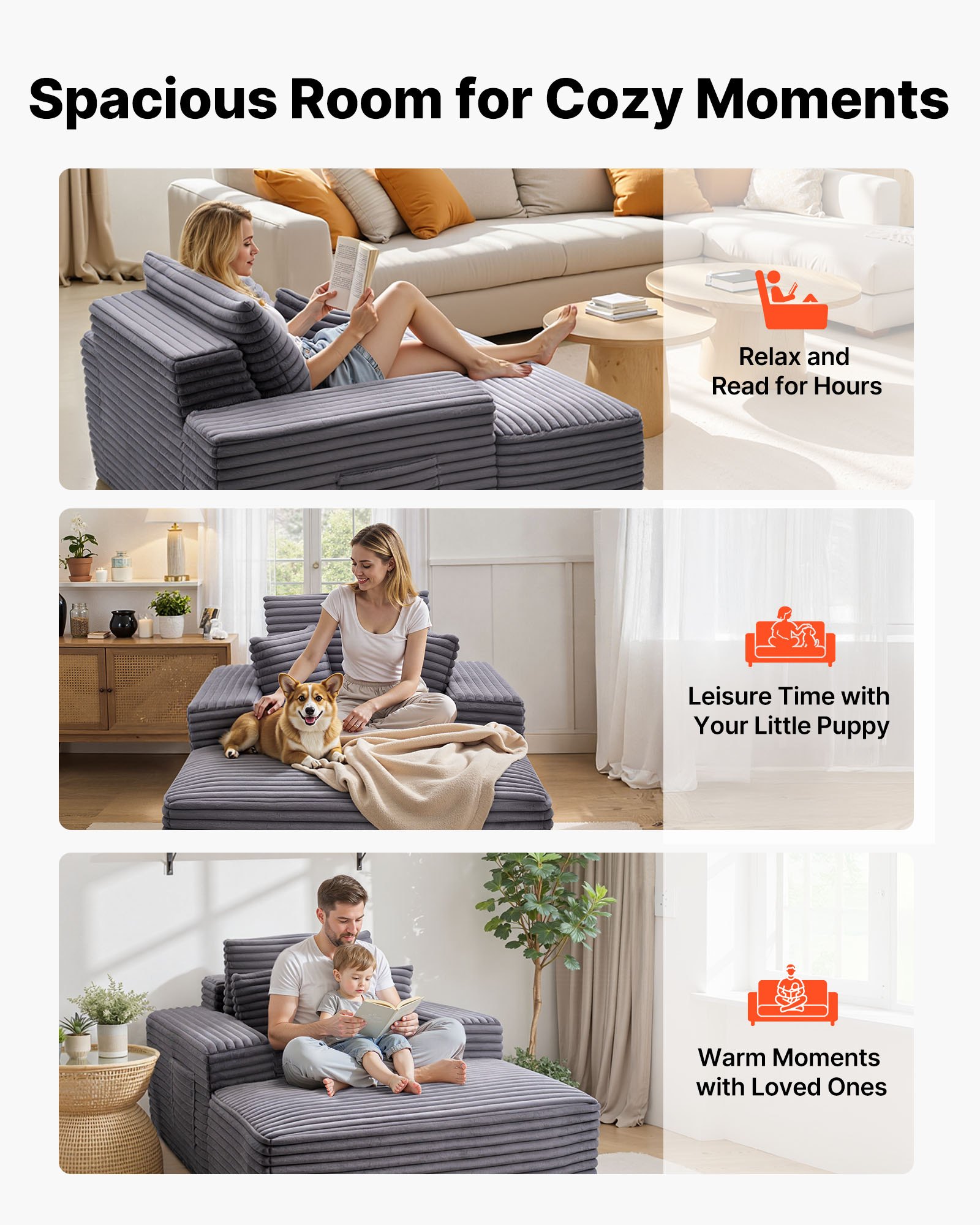 VEVOR Leżanka relaksacyjna 138 cm, tapicerowana sofa z funkcją spania z ozdobnymi poduszkami i podłokietnikami, rozkładana sofa z głębokim siedziskiem do salonu i sypialni, fotel wypoczynkowy z wysoce elastycznej gąbki