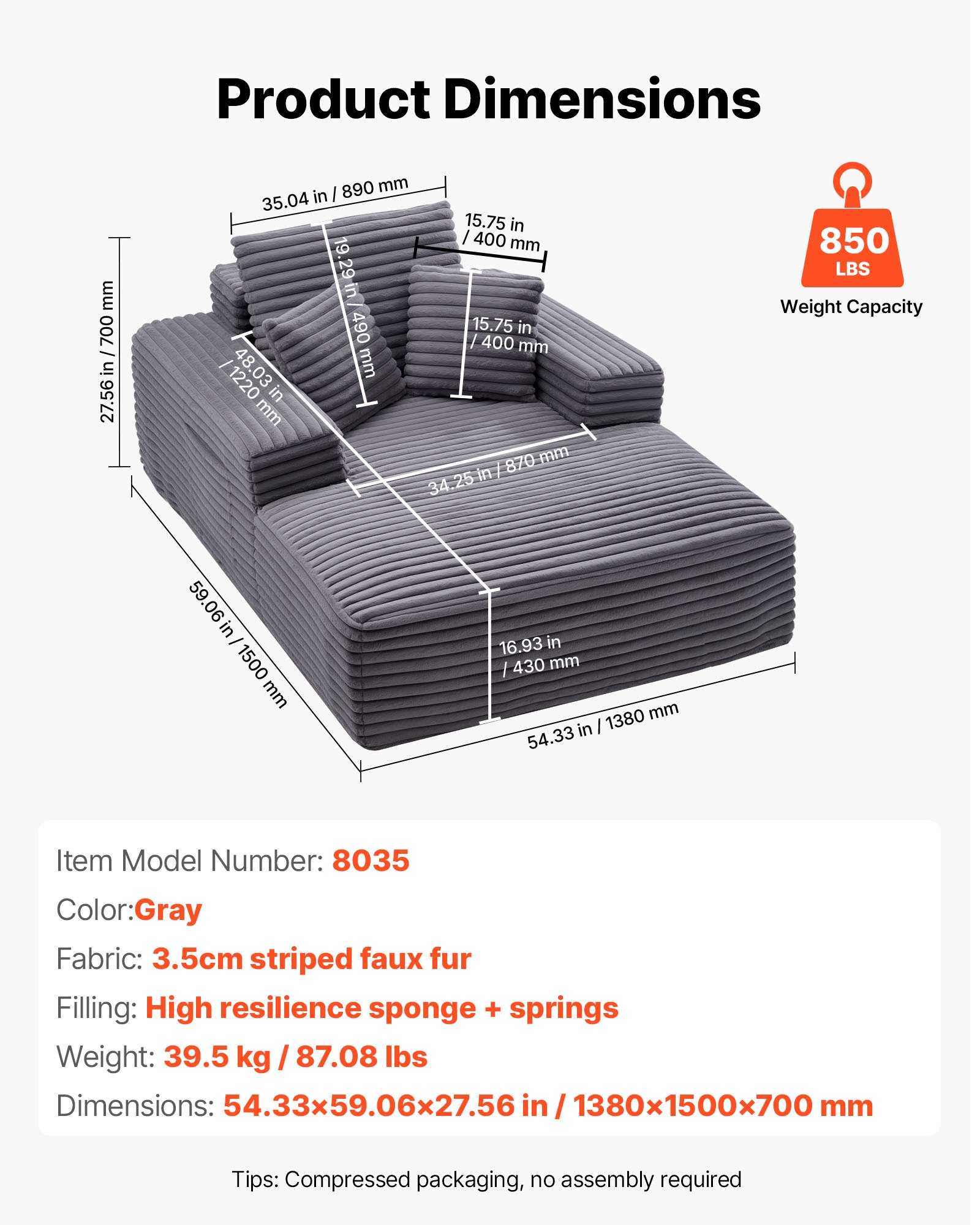 VEVOR Leżanka relaksacyjna 138 cm, tapicerowana sofa z funkcją spania z ozdobnymi poduszkami i podłokietnikami, rozkładana sofa z głębokim siedziskiem do salonu i sypialni, fotel wypoczynkowy z wysoce elastycznej gąbki