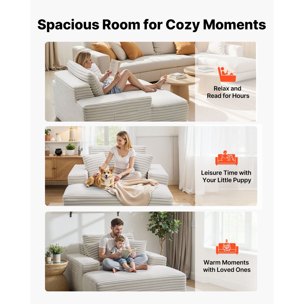 VEVOR Leżanka relaksacyjna 138 cm, tapicerowana sofa z funkcją spania z ozdobnymi poduszkami i podłokietnikami, rozkładana sofa z głębokim siedziskiem do salonu i sypialni, fotel wypoczynkowy z gąbki o wysokiej wytrzymałości w kolorze beżowym