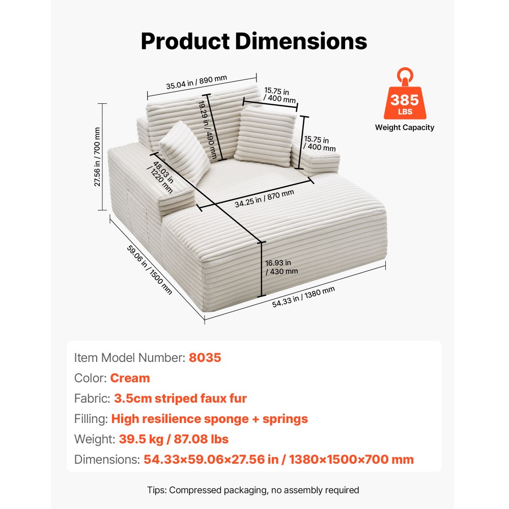 VEVOR Leżanka relaksacyjna 138 cm, tapicerowana sofa z funkcją spania z ozdobnymi poduszkami i podłokietnikami, rozkładana sofa z głębokim siedziskiem do salonu i sypialni, fotel wypoczynkowy z gąbki o wysokiej wytrzymałości w kolorze beżowym